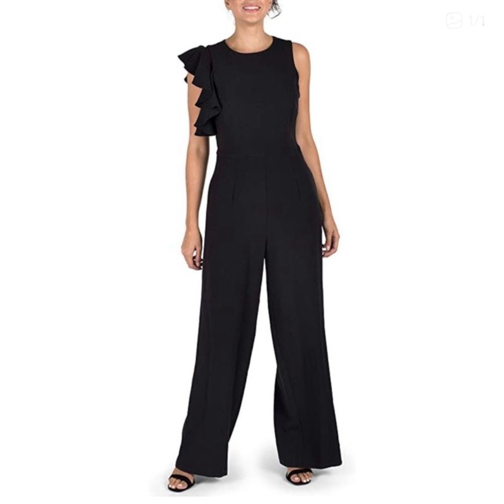 Julia Jordan Women’s Black Asymetrical Ruffle Straight Leg Jumpsuit Size 8